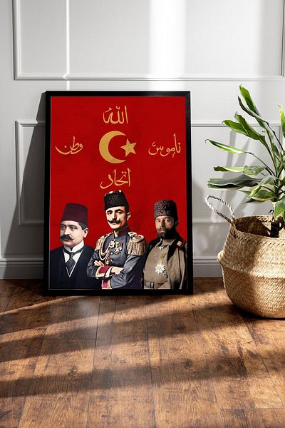 Saturn İttihat Terakki Pashas Framed Painting - Enver Cemal Talat Pashas - İttihat Terakki Shield