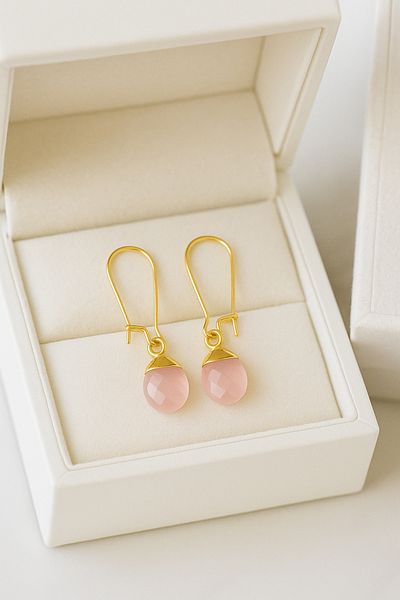 OEM Rose Quartz Earrings, 18k Gold Plated Hoops, Handmade