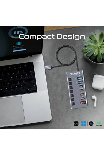 Promate Excellent performance with the GegaHub-10G 7-in-1 multi-port hub, featuring USB-C and USB-A ports.