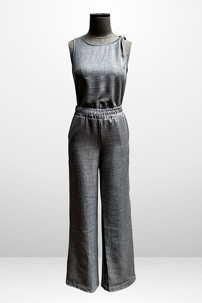 By Saygı Women's Buckle Detailed Skirt Asymmetrical Blouse Elastic Waist Pocket Palazzo Trousers Linen 2 Piece Set
