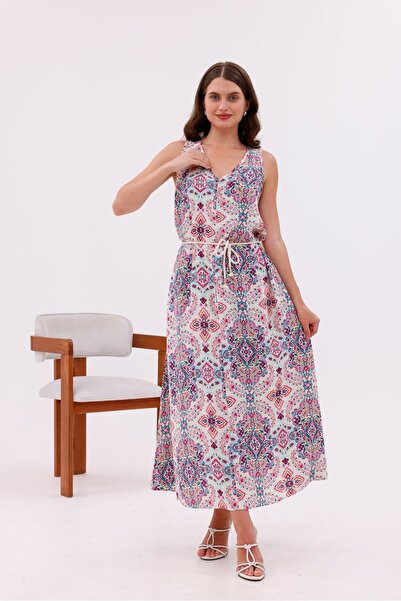 Pulli Collection Patterned Viscose Fabric Lace-Up Long Dress