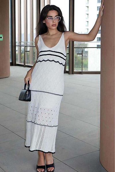 Seeh Ecru Women's Knitted Patterned Striped Long Dress Sh256