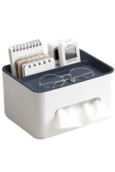 MOAWAVE Napkin box with phone holder, remote control, multifunctional, dimensions 21x16x12cm, white/blue