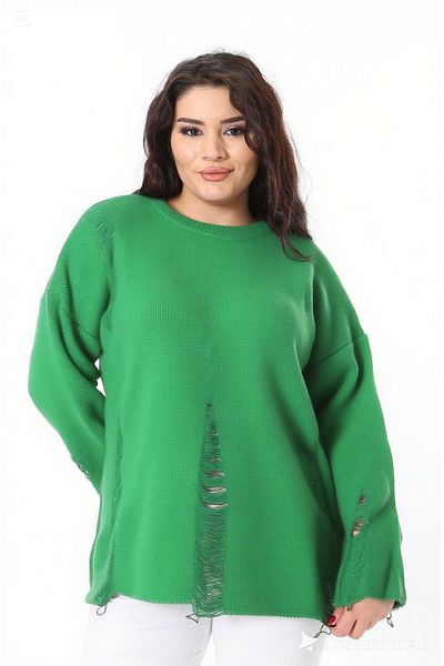 Şans Women's Plus Size Green Ripped Detailed Knitwear Sweater 65N38563