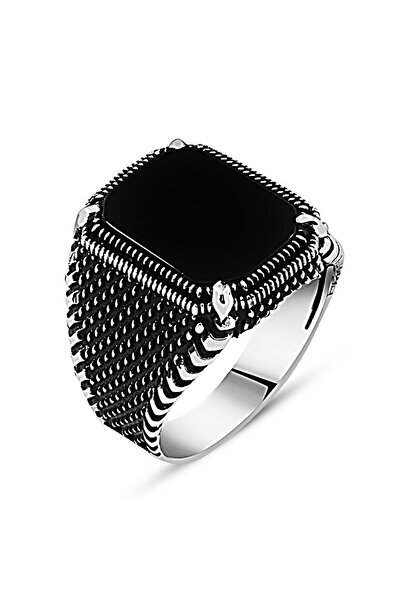 Tesbihane Nokta İşlemeli Siyah Köşeli Oniks Taşlı 925 Ayar Gümüş Erkek Yüzük