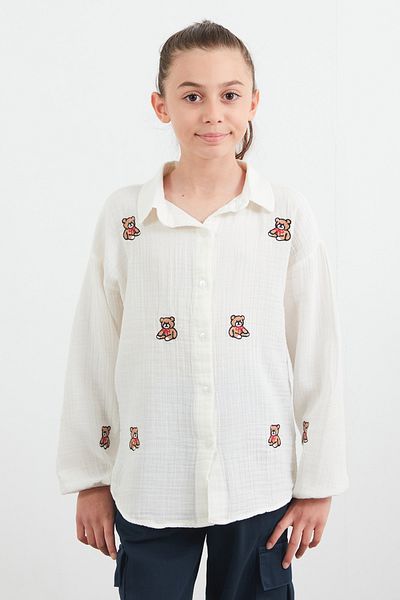 Fulla Moda 100% Cotton Teddy Bear Embroidered Girl's Shirt