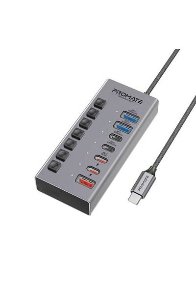 Promate "الأداء الممتاز مع موزع GegaHub-10G متعدد المنافذ 7 في 1، يتميز بمنافذ USB-C و USB-A