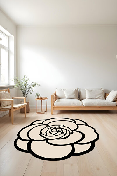 Liriya Dijital Baskı Siyah Ekru Dekoratif Makinada Yıkanabilir Salon Halısı K...