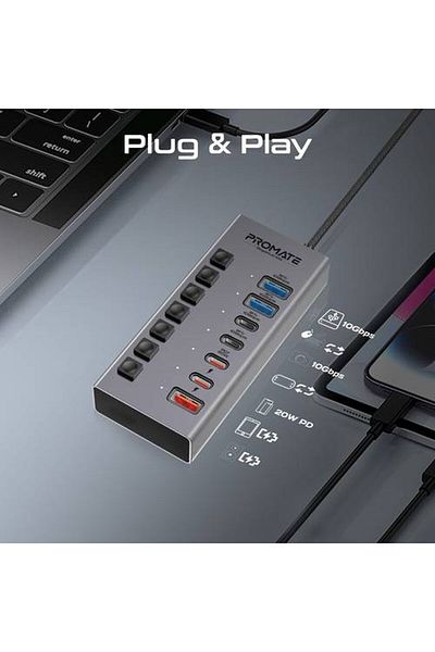 Promate "الأداء الممتاز مع موزع GegaHub-10G متعدد المنافذ 7 في 1، يتميز بمنافذ USB-C و USB-A