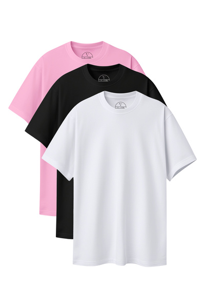 Velvoria Unisex supradimensionat basic 3-bucăți Negru Alb Roz Culoare tricou