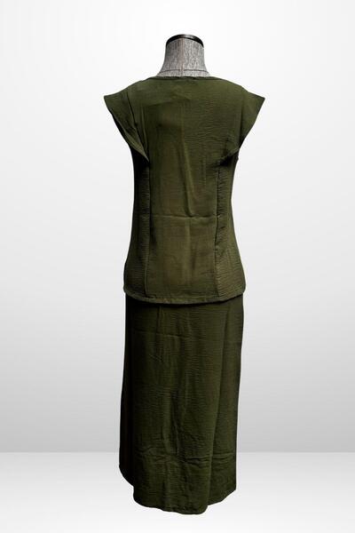 By Saygı Women's V Neck Blouse Elastic Waist Pocket Front Slit Skirt 2 Piece Set