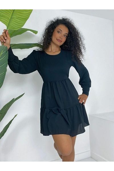 nedo7 Round neck elastic waist layered ayrobin dress - black