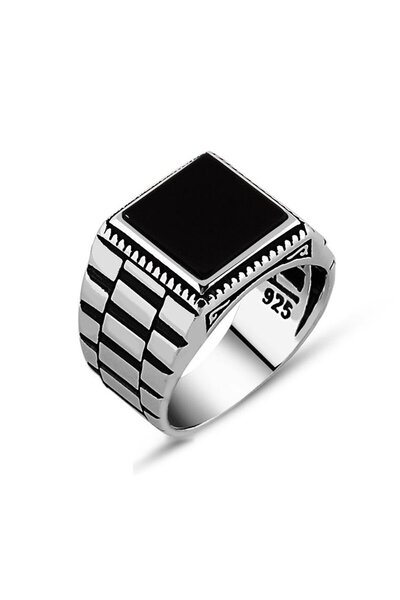 Tesbihane Simetrik Desenli Siyah Oniks Taşlı 925 Ayar Gümüş Erkek Yüzük