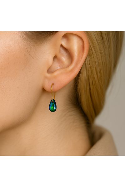 OEM Teardrop Glass Pendant Earrings, 18k Gold Plated Studs, Handmade