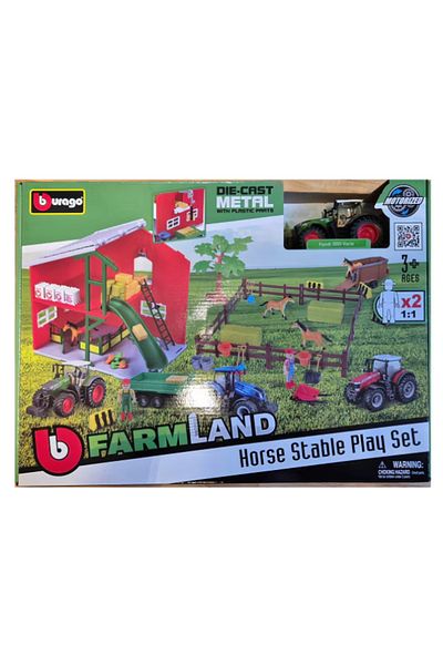 BBURAGO Set FarmLand BBurago, Horse Stable Play set, cu tractor Fendt 1050 Vario, verde