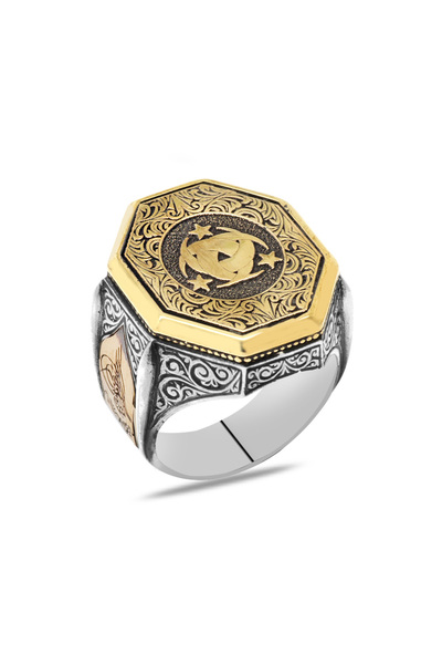 Tesbihane Tuğra Detaylı Teşkilatı Mahsusa Motifli 925 Ayar Gümüş Erkek Yüzük