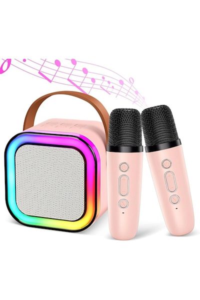 Glow Goods Mini Portable Bluetooth 5.3 Speaker with 2 Wireless Microphones, Karaoke Station, RGB Lighting, Pink