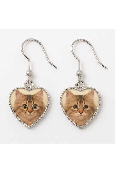 OEM Heart-shaped earrings, with cat pattern, handmade in Romania