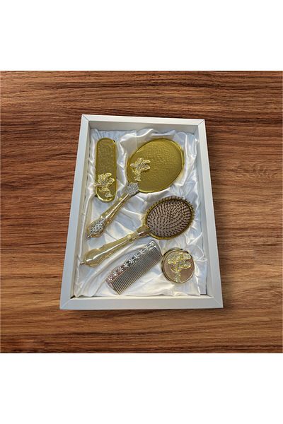 AMOR 5 Piece Ultra Luxury Real Comb Mirror Comb Set (Gold)