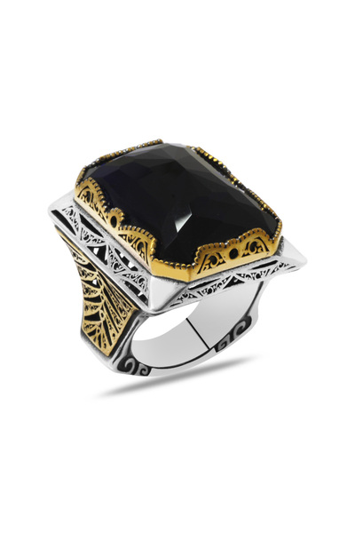 Tesbihane Faset Lacivert Zirkon Taşlı Koleksiyonluk 925 Ayar Gümüş Erkek Yüzük