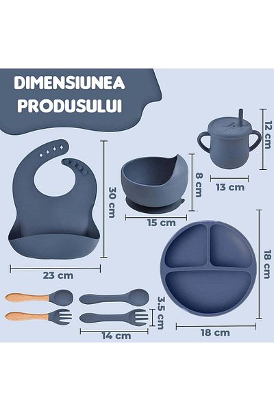 SOLLUXE Set 8 piese pentru hrănirea bebelușilor pentru diversificare, farfurie și bol cu ventuze, cană cu capac și