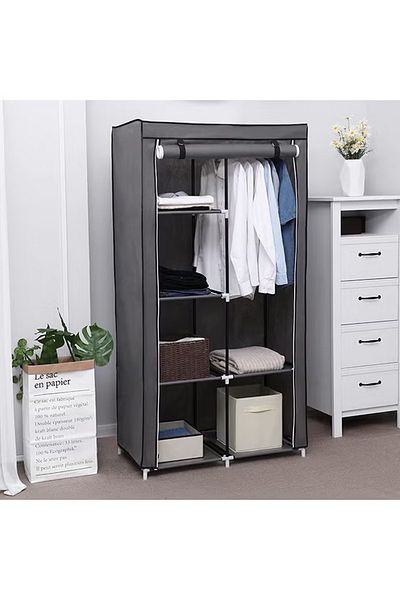 rexa Portable Fabric Canvas Wardrobe With Storage Cupboard Organiser Grey