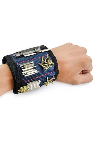 SOLLUXE Magnetic bracelet for holding screws, bits and other tools, blue, adjustable with Velcro, blue