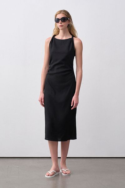 mathilda store Women's Black Linen Midi Dress