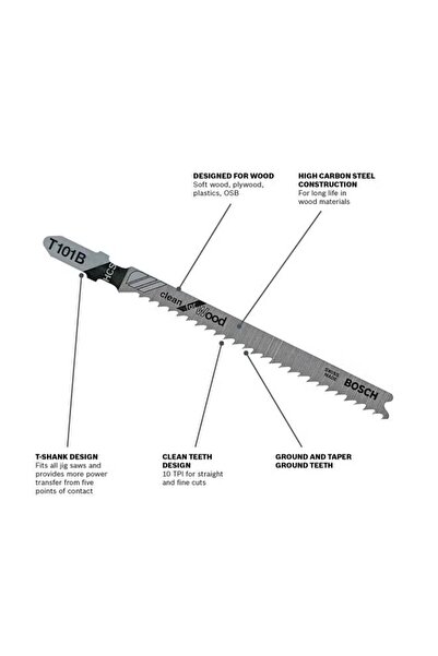 Bosch Pack Of 10 T-Shank Jigsaw Blade Black/Silver/Blue