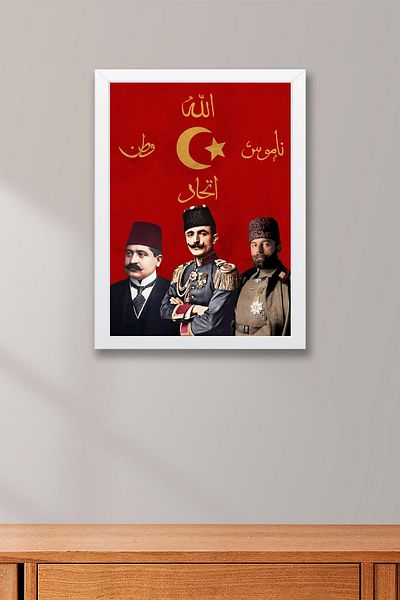 Saturn İttihat Terakki Pashas Framed Painting - Enver Cemal Talat Pashas - İttihat Terakki Shield