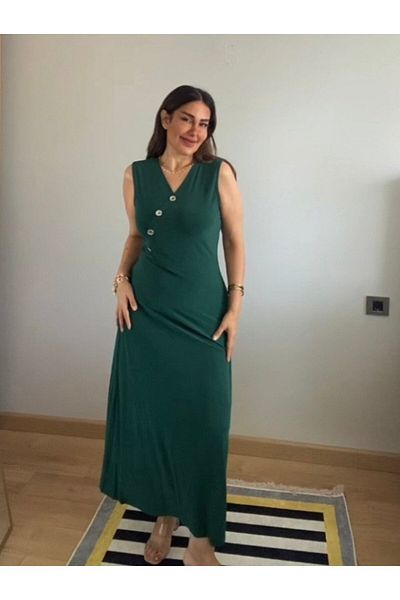 Gökyüzü Moda Women's Double Breasted Collar Button Detail Maxi Length Dress