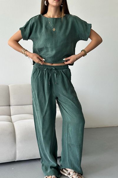 Suzi Short Sleeve Bluz Waist Elastic Wide Pants Set 51163