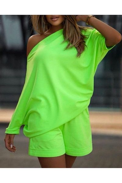 Modayakamoz Women's Boat Neck Loose Two Thread Blouse and Shorts Double Set