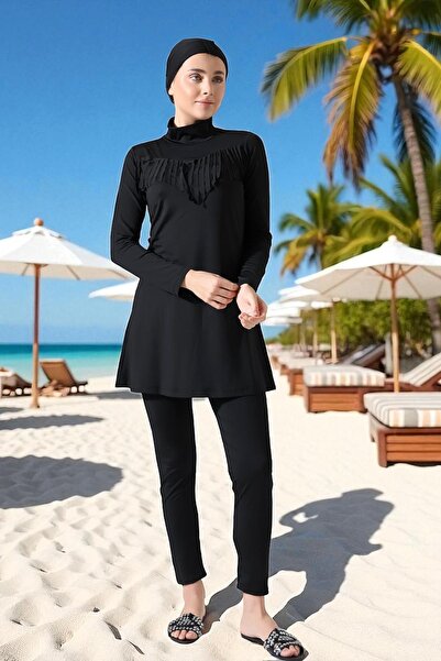 Aselim Hijap Moda Püsküllü Siyah Şık ve Hızlı Kuruyan Siyah Tesettür Mayo Takımı | 38-44 Beden