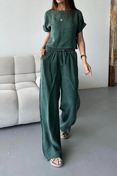 Suzi Short Sleeve Bluz Waist Elastic Wide Pants Set 51163