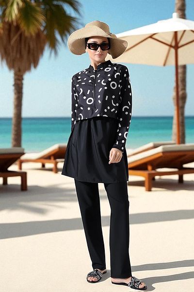 Aselim Hijap Moda Black Patterned Quick Dry Black Hijab Swimsuit Set |   Size 38-44