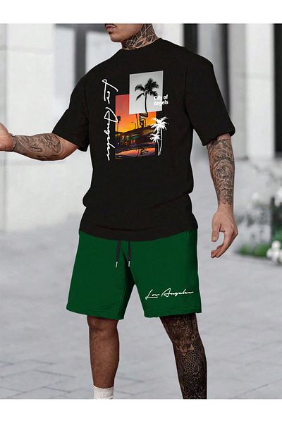 LUNAVISTA Boys Summer Casual Palm Tree Pattern Round Neck Short Sleeve Letter Printed T-Shirt and Shorts Set