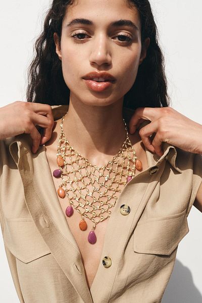 My Joyas Design Zr Model Metallic Mesh End Stone Necklace 47cm