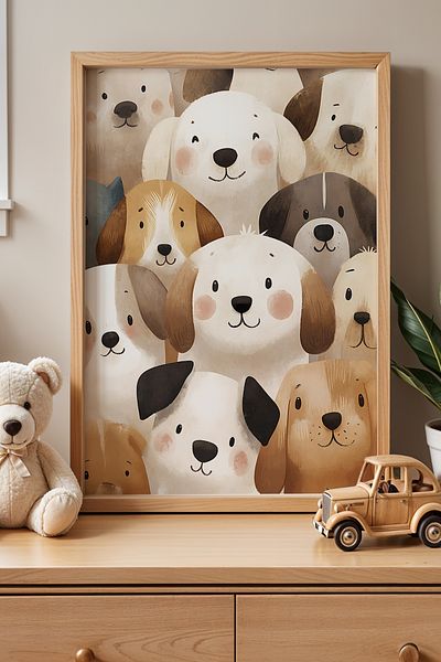 HİGUERA Pictură de perete cu rame din lemn natural pentru camera copiilor Confused Dogs