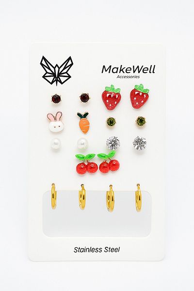 MakeWell Set of 9 Earrings with Zircon Pearl and Steel Hoop Earrings with Strawberry Cherry Carrot and Rabbit Design