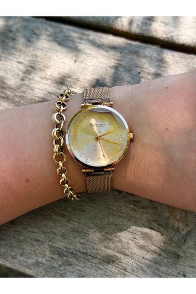 Ferrucci Rosegold Color Cutting Glass Wickle Cord Steel Color Do Not Change Women's Watch