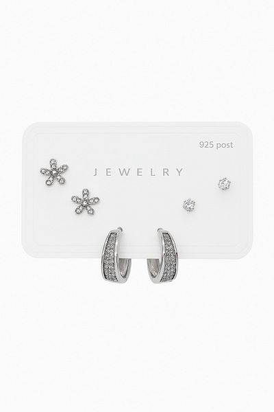 MakeWell 925S Silver Needle Hoop and Flower Design Zircon Stone 3-Piece Earring Set