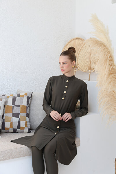 HARREL SHELLY Gold Düğme Detaylı Haki Tesettür Mayo Takım