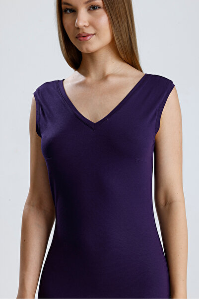 Sense V Neck Sleeveless Viscose Dress |   Elb35023 Purple