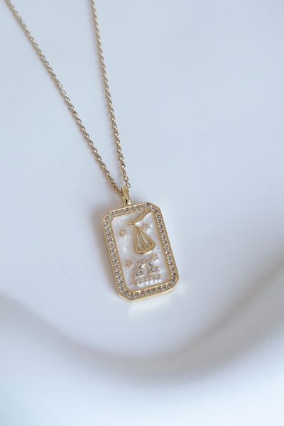 DEMOKAN Women's Steel Necklace Zodiac Sign Series Plate White Stone Libra Sign Necklace