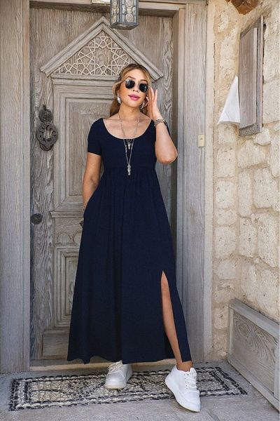 Simala Rochie lungă din viscoză pentru femei, cu mâneci scurte, cu decolteu rotund, cu buzunare în față