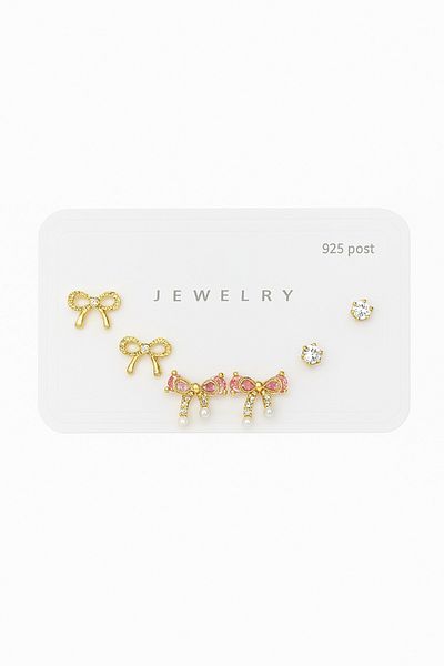 MakeWell 925S Silver Needle Bow Design Zircon Stone 3-Piece Earring Set