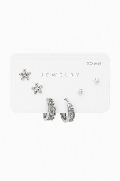 MakeWell 925S Silver Needle Hoop and Flower Design Zircon Stone 3-Piece Earring Set