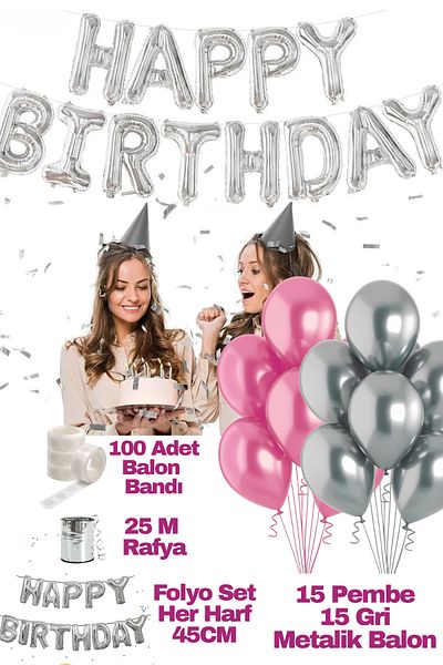 Baloncu Dede Happy Birthday Birthday Set Pink Gray Balloon Set Women Men Girls Children Party Ornaments