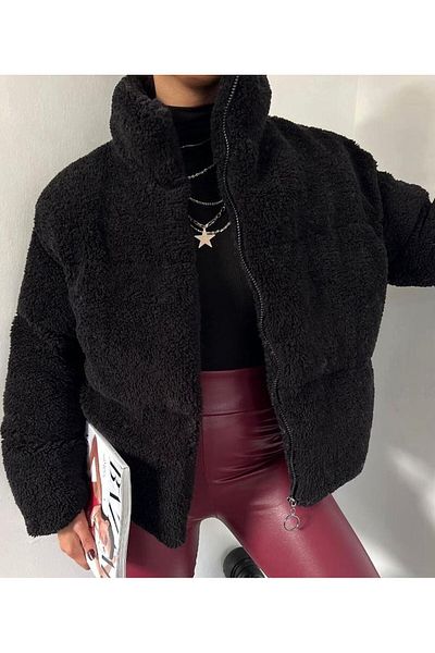 moda armanc Plush Relief Teddy Inflatable Coat - Black